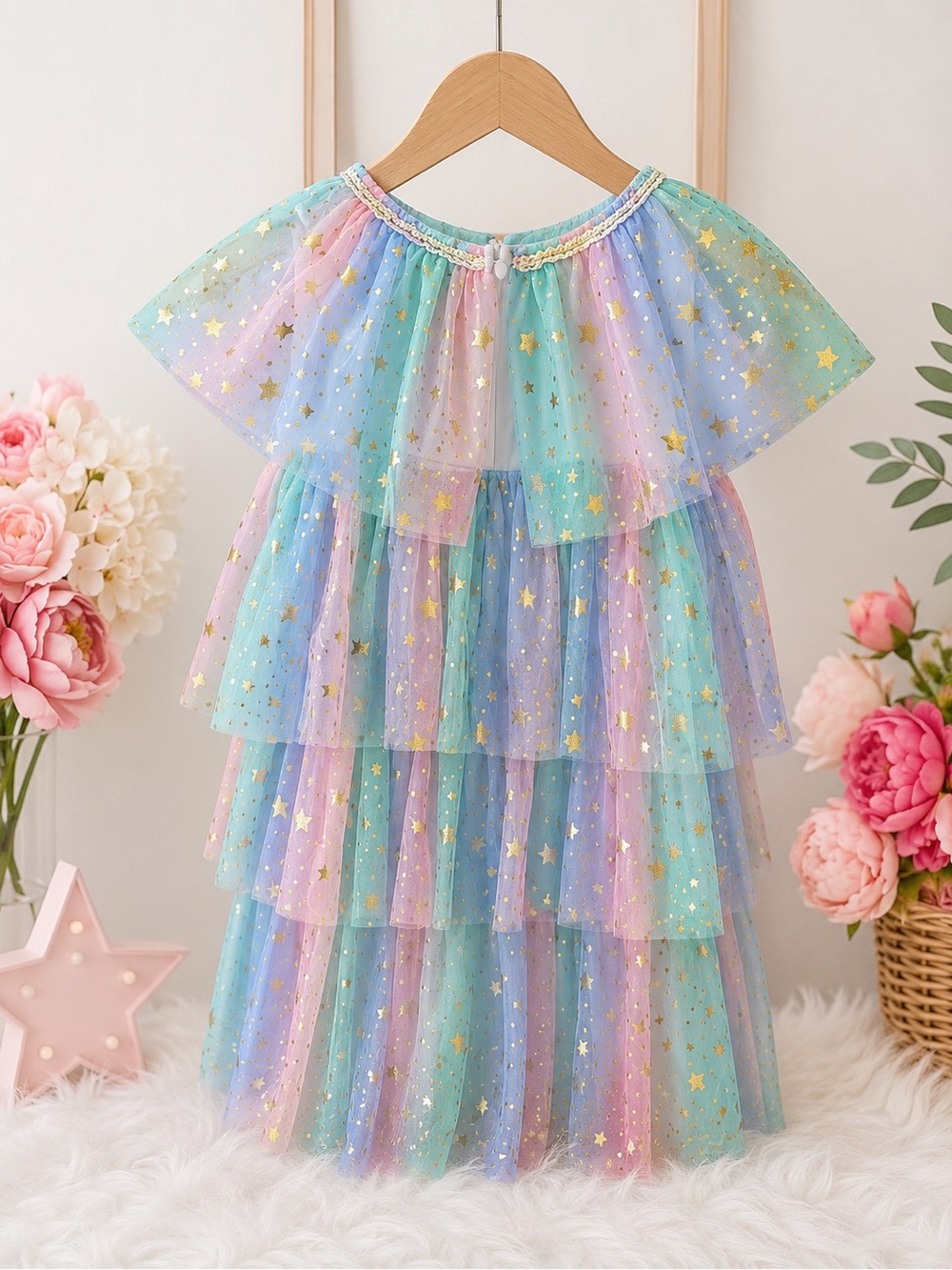 🎀Girls Pastel Rainbow Tulle Dress Gold Star Fairy Princess Party Dress 🎀